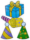 Presents Noise Makers, party Hats