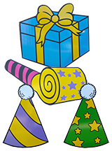 Presents Noise Makers, party Hats